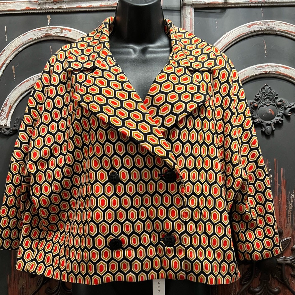 Trina Turk waist length, double breasted red, navy, gold print jacket